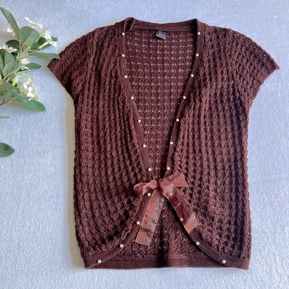 Women’s Knittings Wool Sweater Short Cap Sleeves Brown - Picture 1 of 5